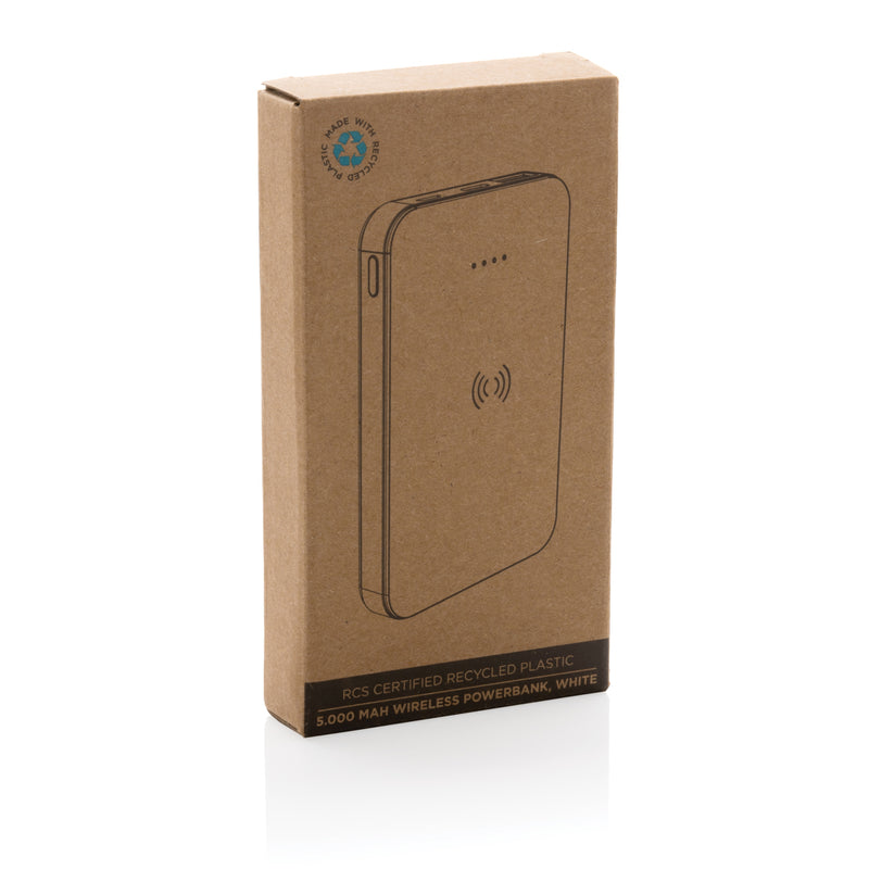 Load image into Gallery viewer, XD Collection RCS recycled plastic 5,000mAh wireless powerbank for phones and tablets, shown with charging ports and textured surface.