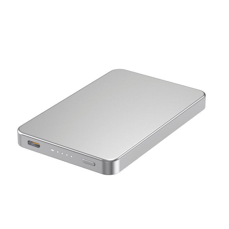 Load image into Gallery viewer, Urban Vitamin Marin 5000mAh magnetic wireless powerbank for phones and tablets, with 15W fast charging, shown with magnetic attachment.