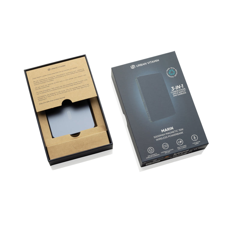 Load image into Gallery viewer, Urban Vitamin Marin 5000mAh magnetic wireless powerbank for phones and tablets, with 15W fast charging.