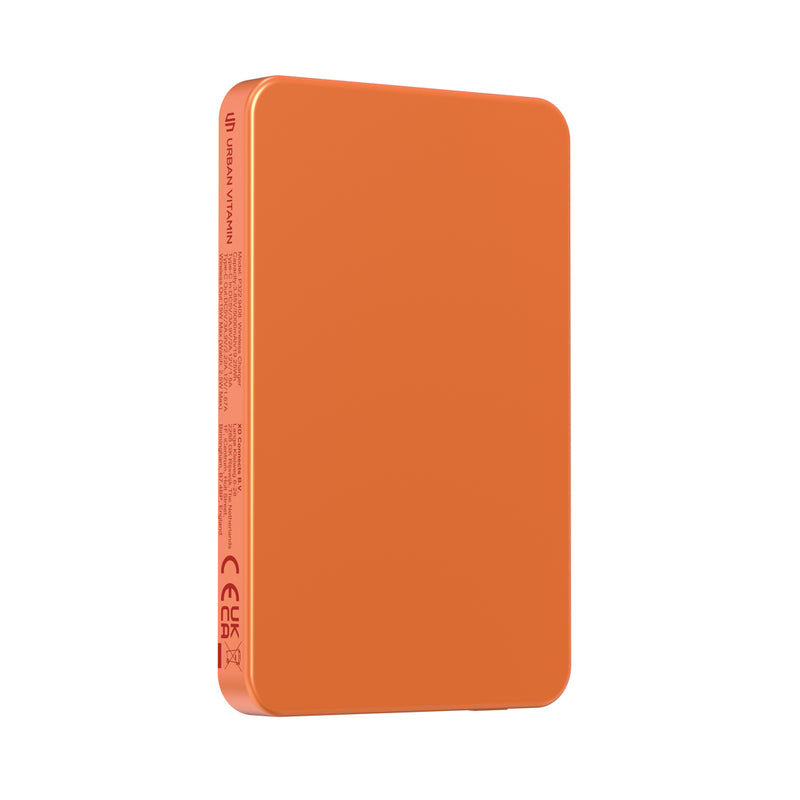 Load image into Gallery viewer, Urban Vitamin Marin 5000mAh magnetic wireless powerbank for phones and tablets, with 15W fast charging, shown with device attached.