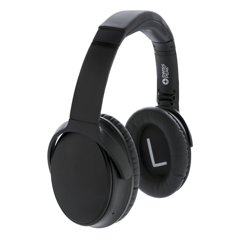 Load image into Gallery viewer, Swiss Peak ANC headphones in black, showing over-ear design with padded ear cups and sleek audio branding.