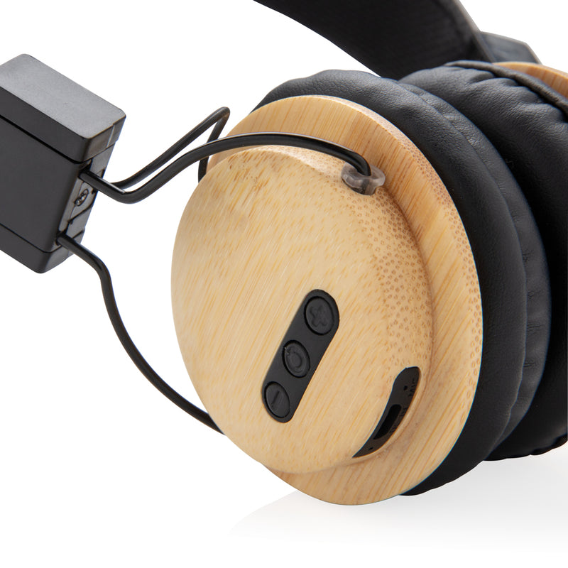 Load image into Gallery viewer, Bamboo wireless headphones from XD Collection, sleek audio device with bamboo ear cups and headband for comfortable listening.