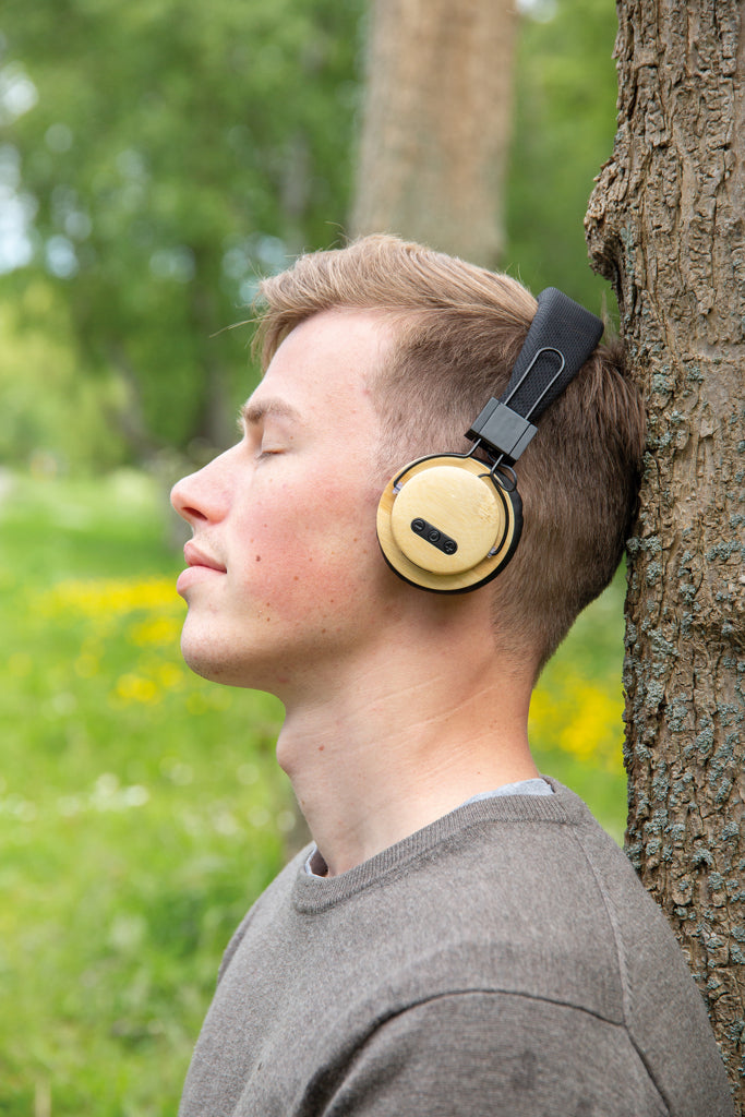 Load image into Gallery viewer, Bamboo wireless headphone from XD Collection, sleek audio device with bamboo finish, designed for comfortable wireless listening.