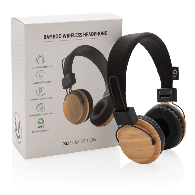 Load image into Gallery viewer, Wireless bamboo headphones from XD Collection, showing sleek design with ear cushions and bamboo finish for stylish audio listening.