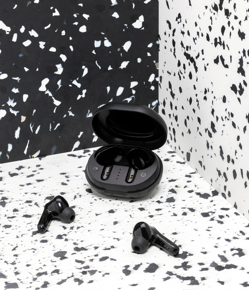 Load image into Gallery viewer, XD Collection RCS standard recycled plastic TWS earbuds, wireless audio earbuds with eco-friendly design, black color, close-up view