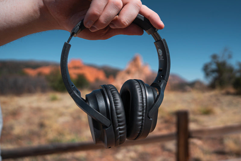 Load image into Gallery viewer, XD Collection RCS recycled plastic Elite foldable wireless headphones, sleek black audio headphones with adjustable headband.