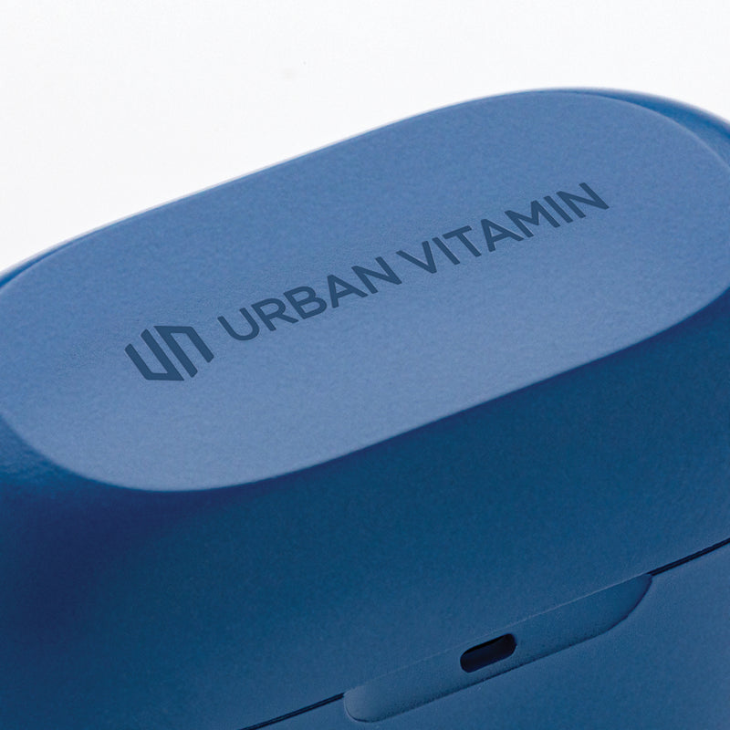 Load image into Gallery viewer, Urban Vitamin Napa earbuds in black with sleek design, wireless audio earbuds with charging case, on a white background.