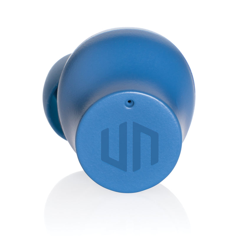 Load image into Gallery viewer, Urban Vitamin Napa earbuds in black with sleek design, shown resting on a white surface with their compact charging case.