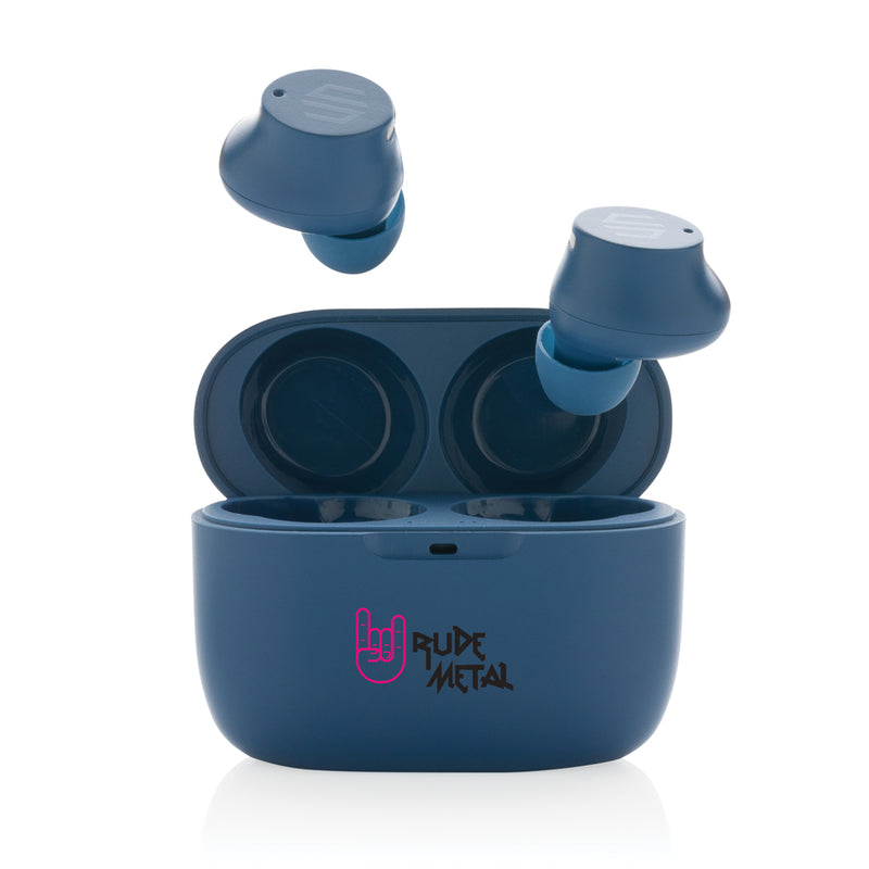 Load image into Gallery viewer, Urban Vitamin Napa earbuds lying on a wooden surface, showcasing sleek black in-ear audio design with ear tips and inline controls.