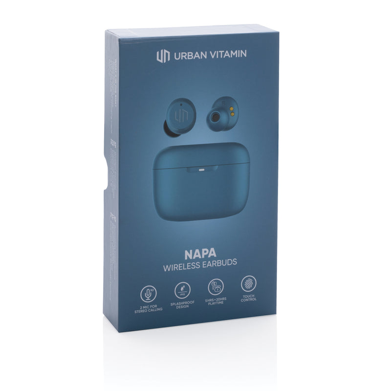 Load image into Gallery viewer, Urban Vitamin Napa earbuds, sleek in-ear audio earbuds with black design, shown resting on a white surface.