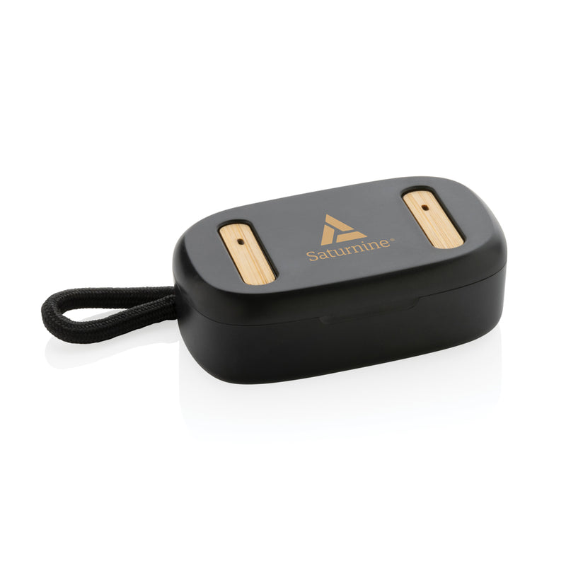 Load image into Gallery viewer, XD Collection RCS recycled plastic and bamboo TWS earbuds, wireless audio earbuds with eco-friendly design and sleek black finish.