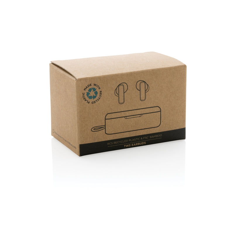 Load image into Gallery viewer, XD Collection RCS recycled plastic and bamboo TWS earbuds, wireless audio earbuds with eco-friendly design and sleek finish.