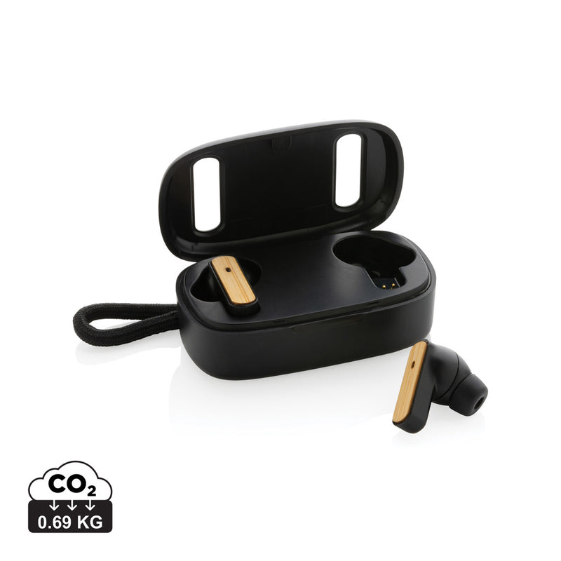 Load image into Gallery viewer, XD Collection RCS recycled plastic and bamboo TWS earbuds, wireless audio earbuds with eco-friendly design, charging case and earbuds.
