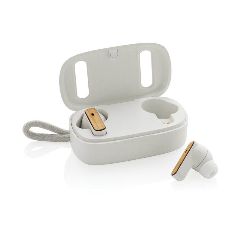 Load image into Gallery viewer, XD Collection RCS recycled plastic and bamboo TWS earbuds with charging case, sleek black wireless audio earbuds.