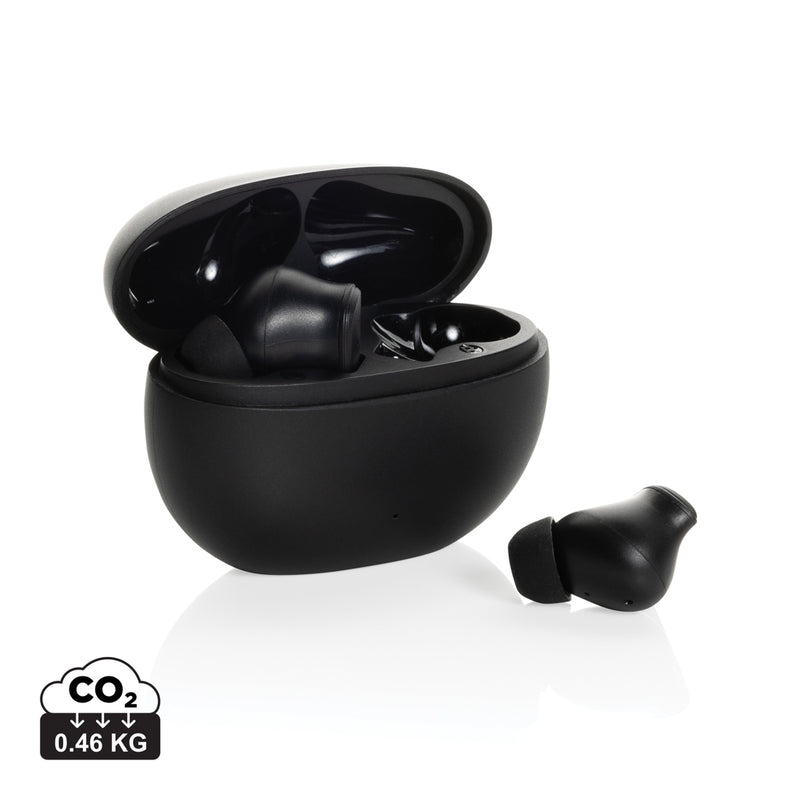 Load image into Gallery viewer, Prolink XD Collection RCS recycled plastic hybrid ANC/ENC earbud with in-ear design and black finish, close-up view.
