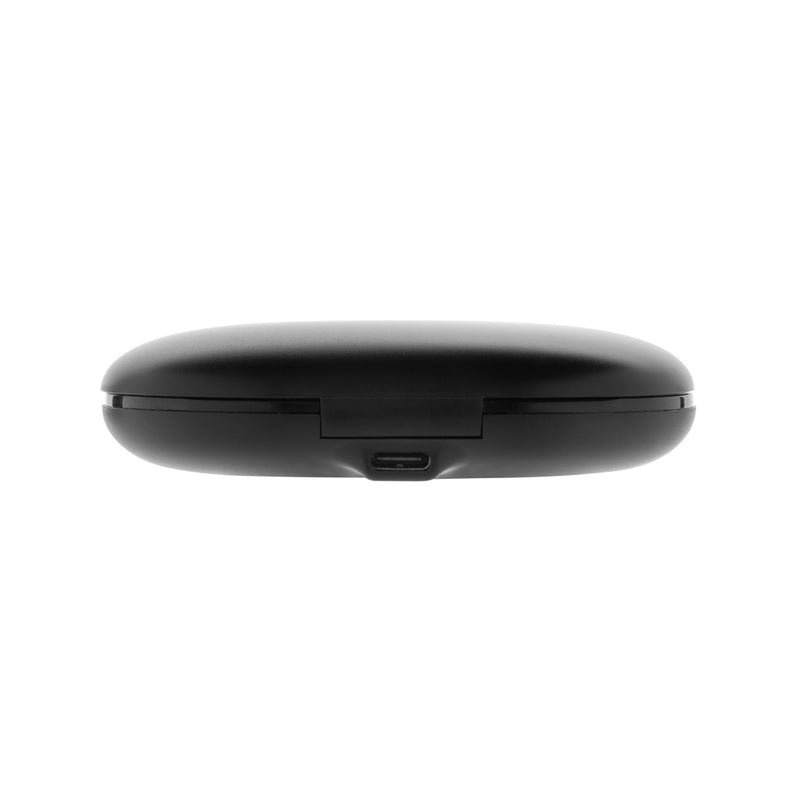 Load image into Gallery viewer, Fitsound RCS recycled plastic open ear TWS earbuds by XD Collection, shown in black with ergonomic design and open ear style.