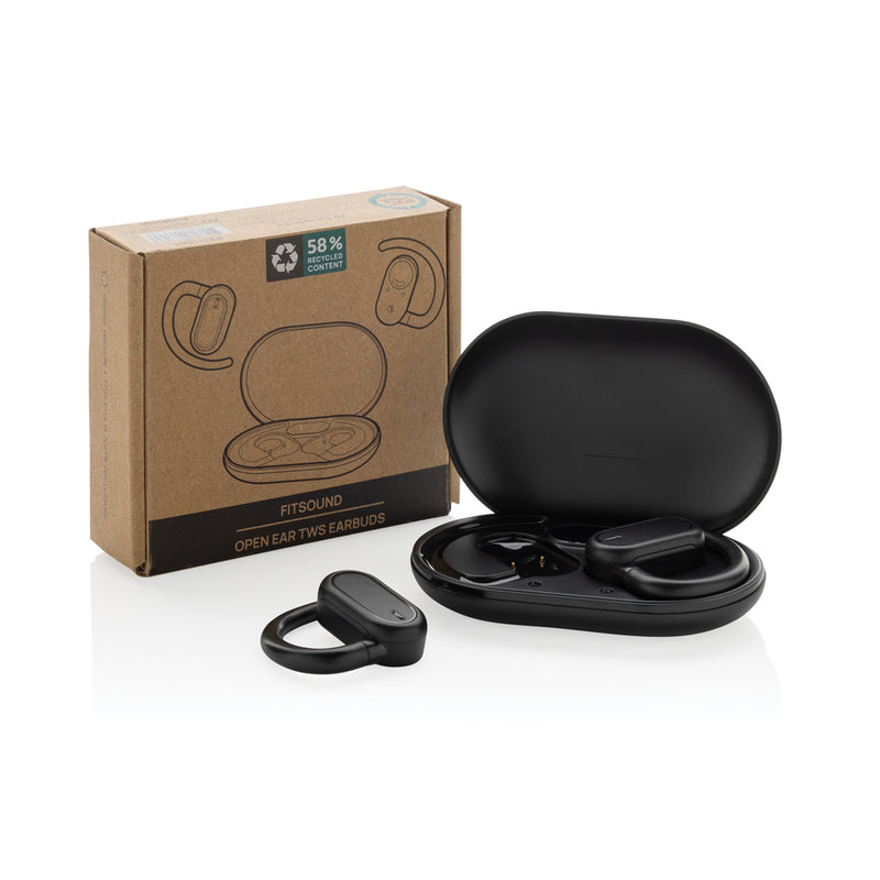 Load image into Gallery viewer, Fitsound RCS recycled plastic open-ear TWS earbuds by XD Collection, wireless audio earbuds with modern design and open-ear fit.