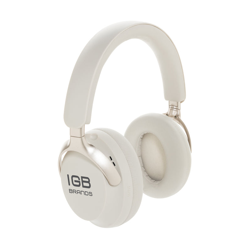 Load image into Gallery viewer, XD Collection Soundpro RCS recycled plastic ANC headphones in black with cushioned ear cups and adjustable headband, close-up view.