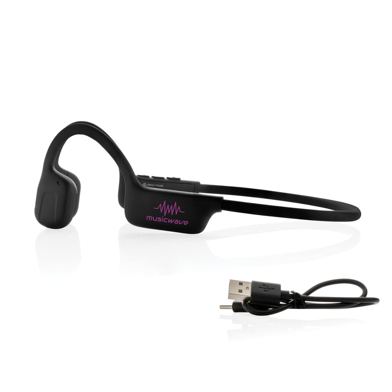 Load image into Gallery viewer, Urban Vitamin RCS plastic air conductive headphones with adjustable headband and in-ear design, shown from a side angle.