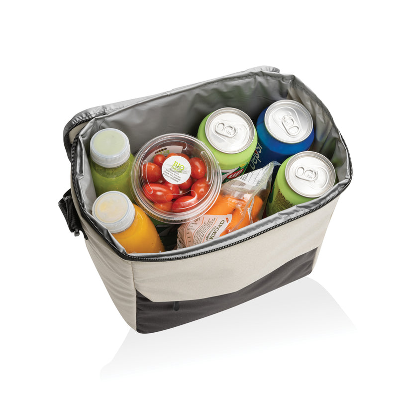 Load image into Gallery viewer, XD Collection Kazu AWARE RPET outdoor cooler bag with a black and gray design, featuring a zippered closure and carry handle.