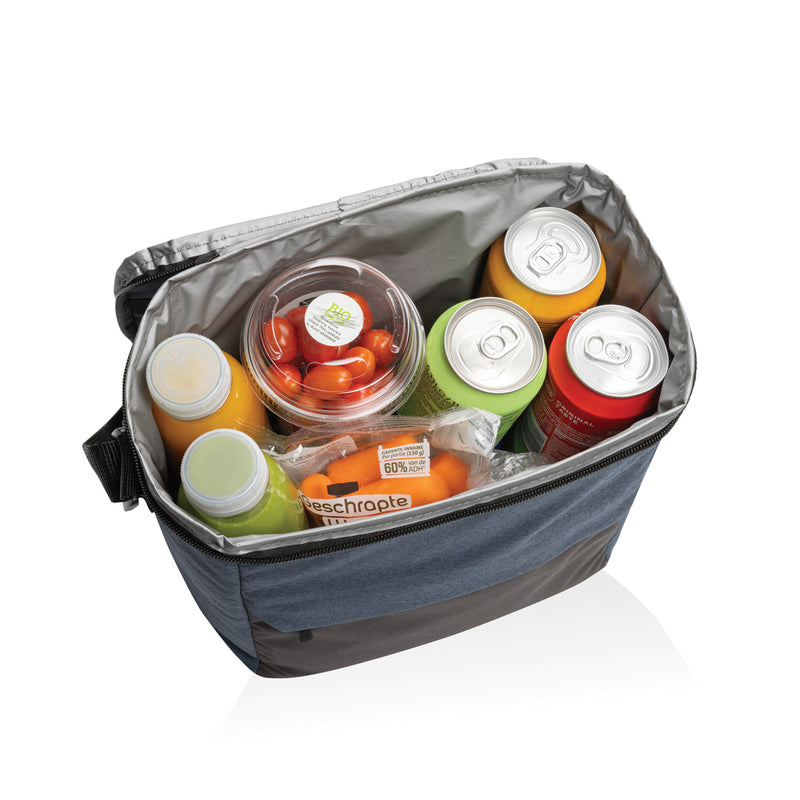 Load image into Gallery viewer, XD Collection Kazu AWARE™ RPET outdoor cooler bag with handles, insulated for keeping drinks cold, shown with open top and side view.