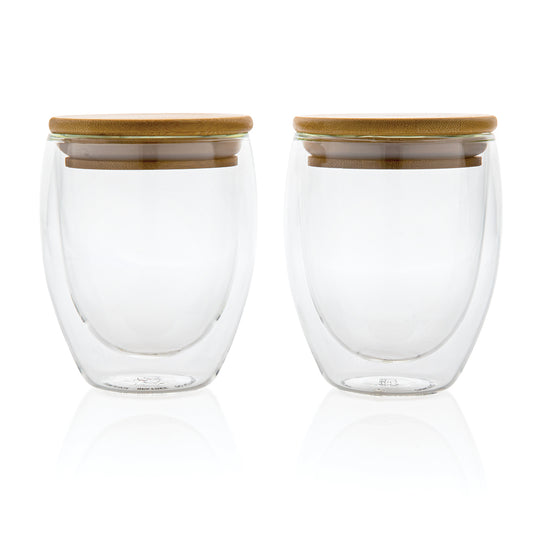 Double wall borosilicate glass with bamboo lid 250ml 2pc set - Custom Wood Designs