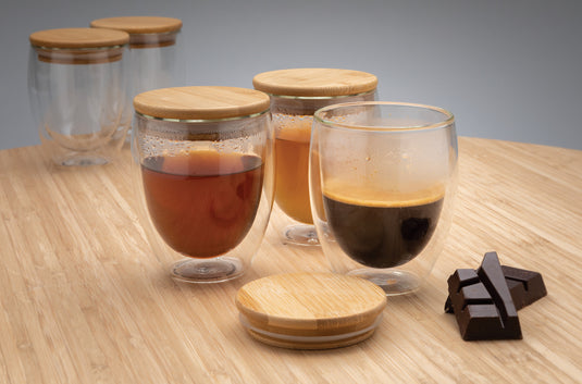 Double wall borosilicate glass with bamboo lid 250ml 2pc set - Custom Wood Designs