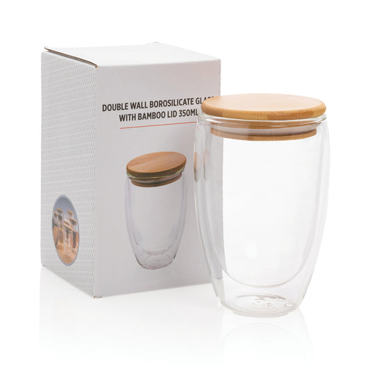 Double wall borosilicate glass with bamboo lid 350ml - Custom Wood Designs