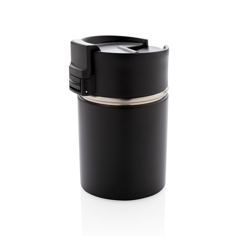 Load image into Gallery viewer, XD Xclusive Bogota compact vacuum mug with ceramic coating, black drinkware with sleek design and secure lid.