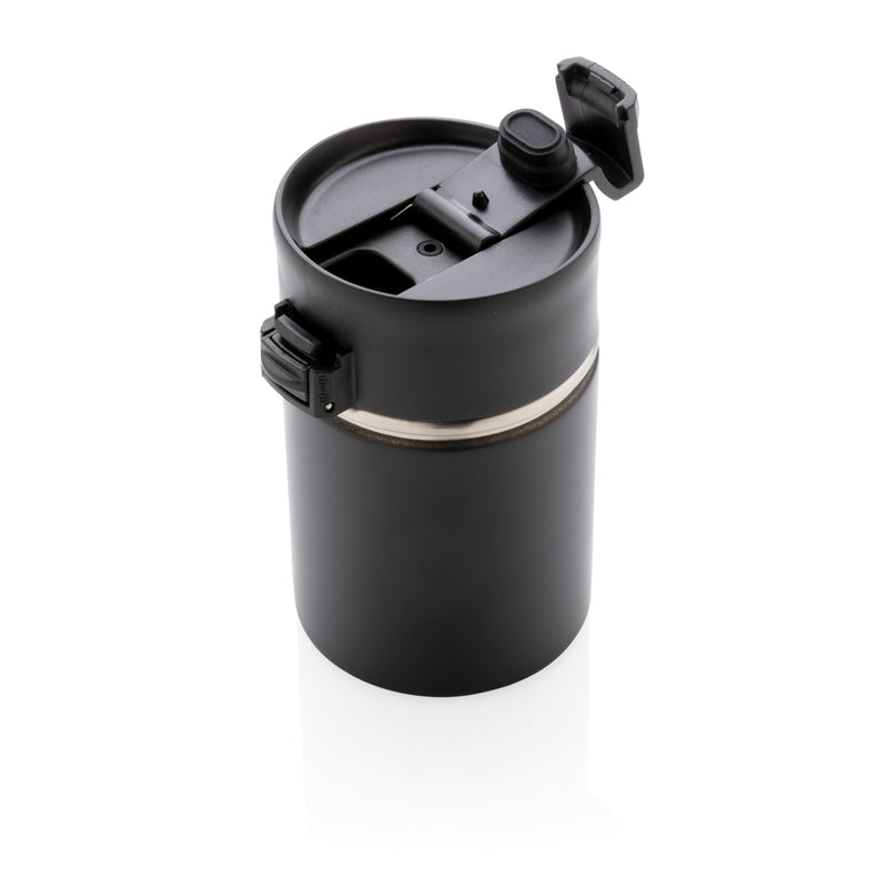 Load image into Gallery viewer, XD Xclusive Bogota compact vacuum mug with ceramic coating, black drinkware with sleek design and spill-proof lid.