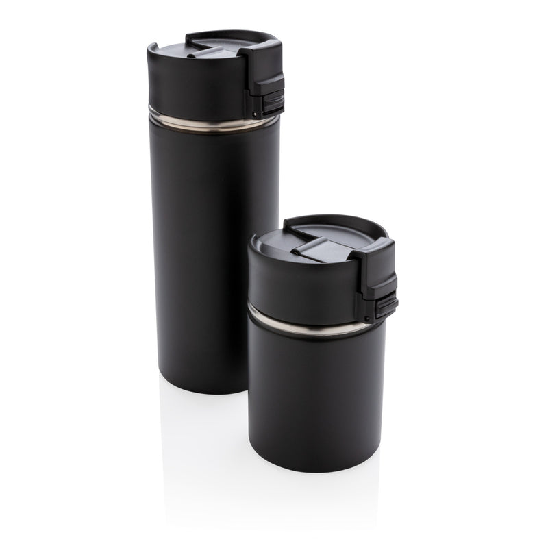 Load image into Gallery viewer, XD Xclusive Bogota compact vacuum mug with ceramic coating, black drinkware with a sleek, insulated design for hot and cold beverages.