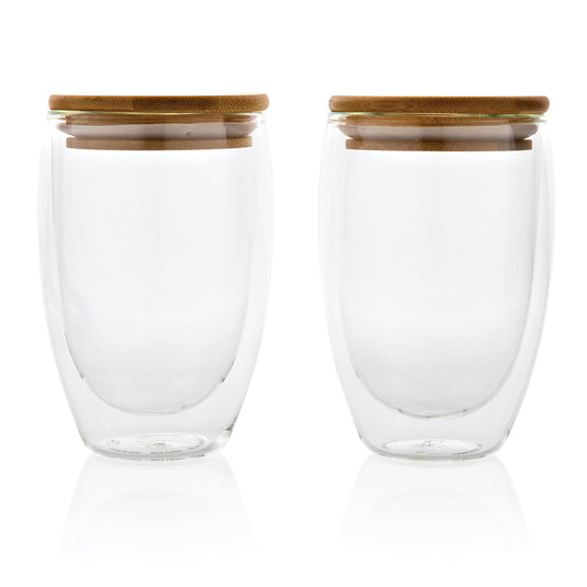 Double wall borosilicate glass with bamboo lid 350ml 2pc set - Custom Wood Designs