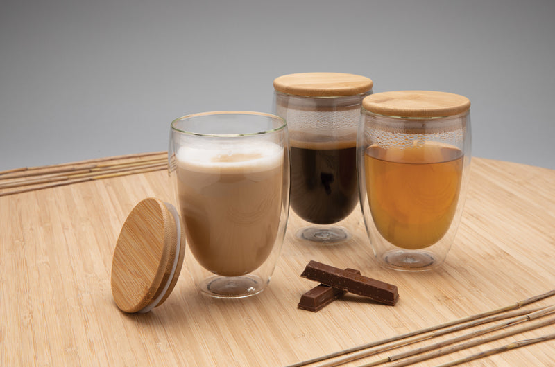 Load image into Gallery viewer, Double wall borosilicate glass with bamboo lid 350ml 2pc set - Custom Wood Designs