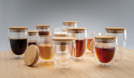 Double wall borosilicate glass with bamboo lid 350ml 2pc set - Custom Wood Designs