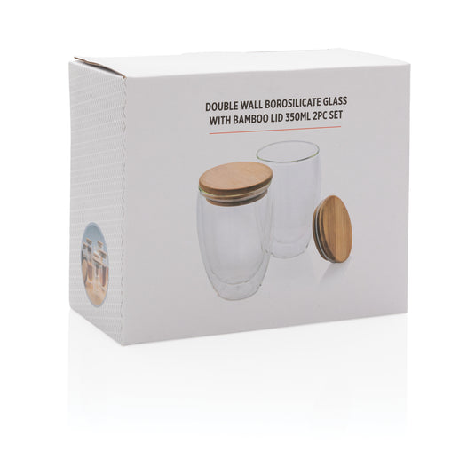 Double wall borosilicate glass with bamboo lid 350ml 2pc set - Custom Wood Designs