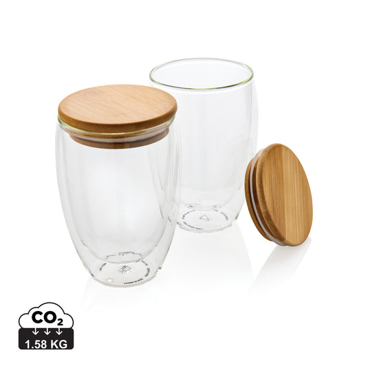 Double wall borosilicate glass with bamboo lid 350ml 2pc set - Custom Wood Designs