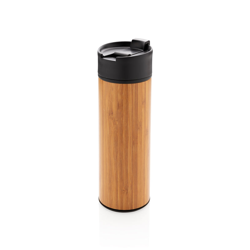 Load image into Gallery viewer, XD Xclusive Bogota vacuum bamboo coffee mug, eco-friendly drinkware with bamboo and stainless steel construction, close-up view