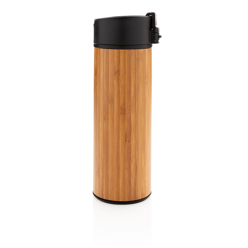 Load image into Gallery viewer, XD Xclusive Bogota vacuum bamboo coffee mug, eco-friendly drinkware with bamboo finish and sturdy handle, on a white background.