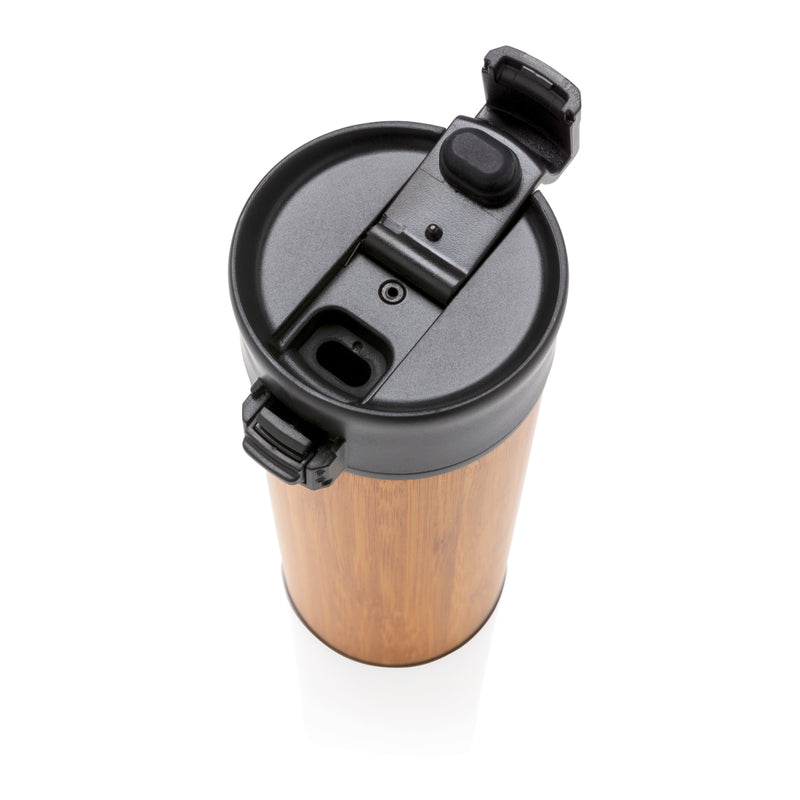 Load image into Gallery viewer, XD Xclusive Bogota vacuum bamboo coffee mug, eco-friendly drinkware with a sleek bamboo design on a white background.