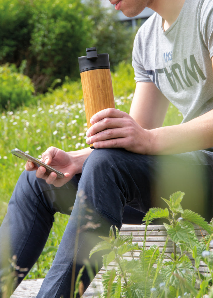 Load image into Gallery viewer, XD Xclusive Bogota vacuum bamboo coffee mug in natural bamboo finish, eco-friendly drinkware with a sleek design.