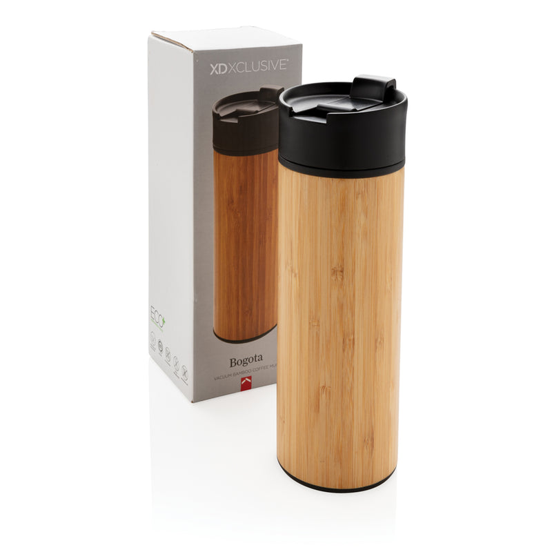 Load image into Gallery viewer, XD Xclusive Bogota vacuum bamboo coffee mug in natural bamboo finish, modern drinkware for hot beverages.