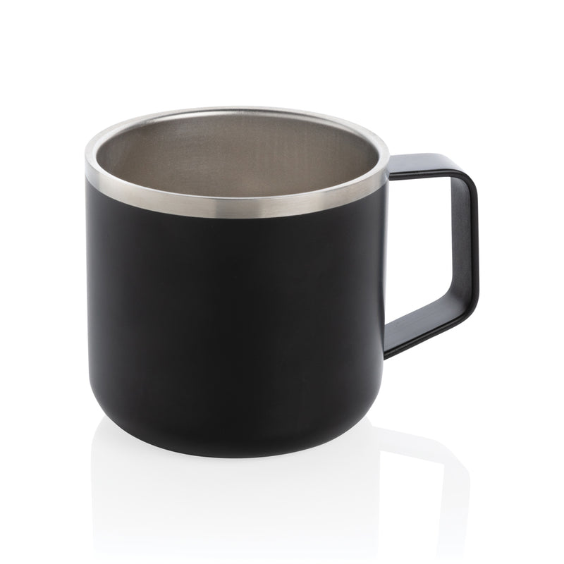 Load image into Gallery viewer, Stainless steel camp mug from XD Collection, durable drinkware with a sturdy handle and reflective surface.