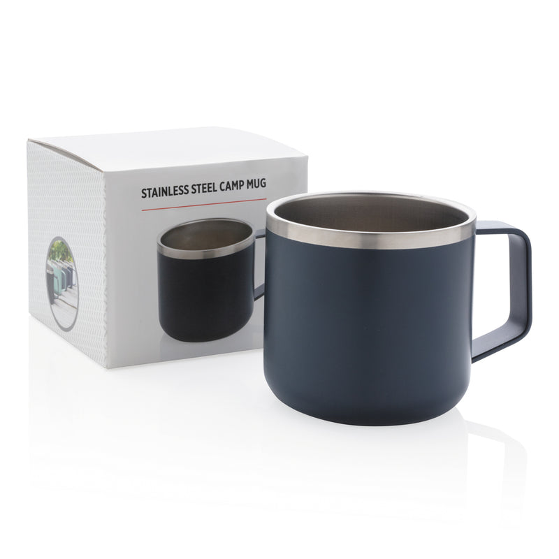 Load image into Gallery viewer, Stainless steel camp mug from XD Collection, durable drinkware with a matte finish, suitable for outdoor camping and travel.