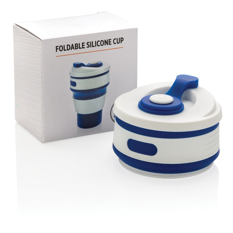 Load image into Gallery viewer, Foldable silicone drinkware cup by XD Collection, compact and flexible for on-the-go use, shown in a folded and open state.