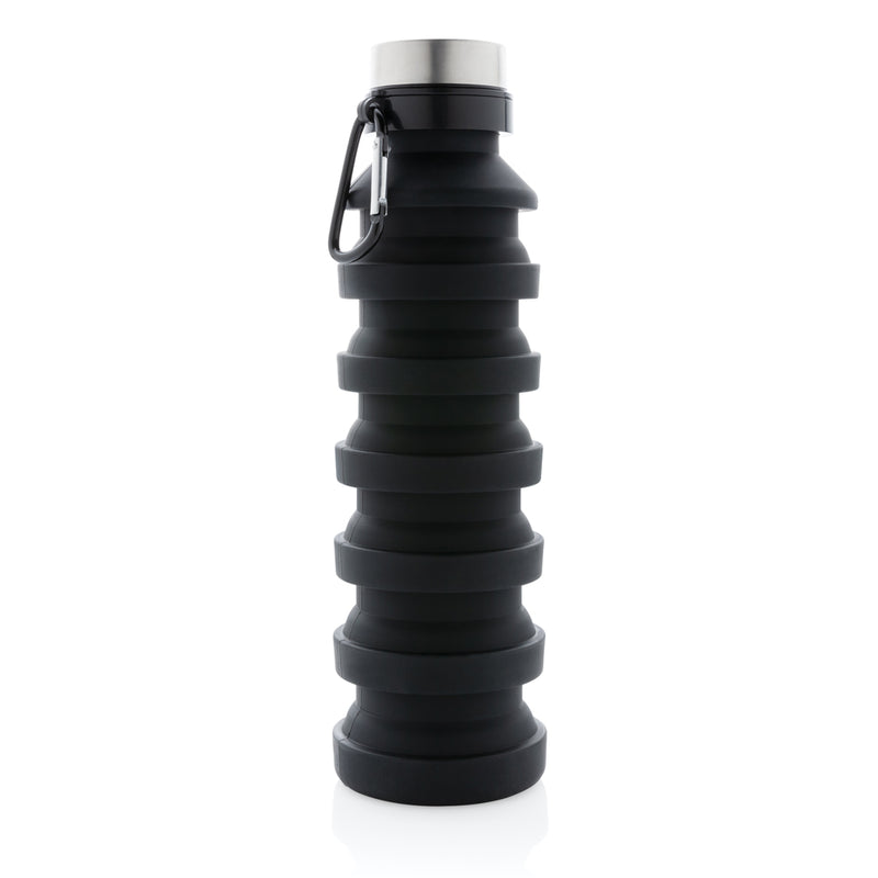 Load image into Gallery viewer, Leakproof collapsible silicone drinking bottle with lid from XD Collection, shown expanded and collapsed for portability.
