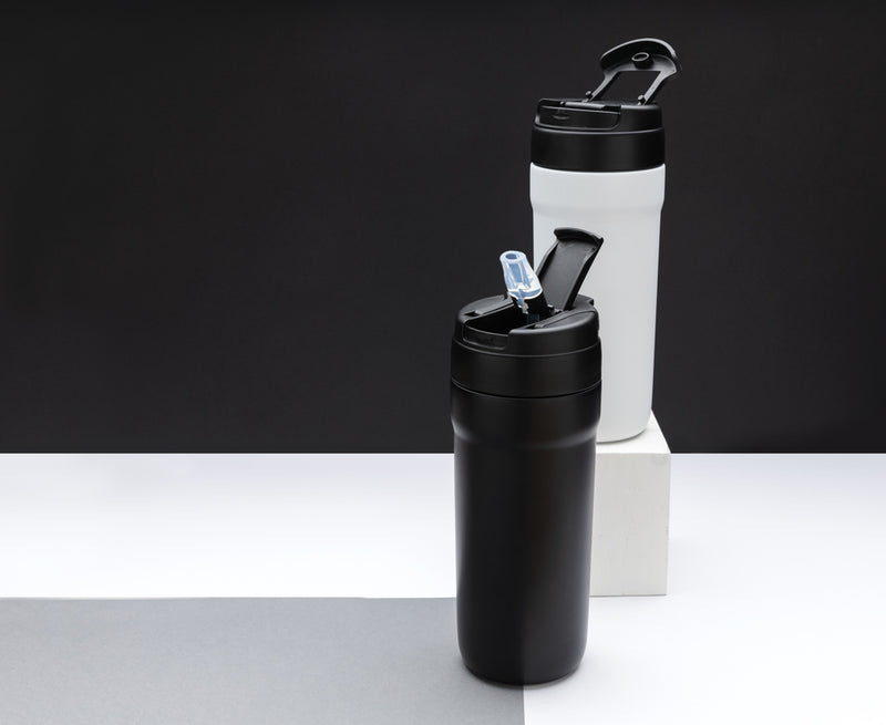 Load image into Gallery viewer, XD Collection RCS RSS tumbler with hot and cold lid, stainless steel drinkware for hot or cold beverages, black finish.