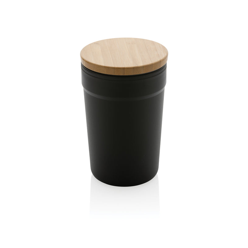 Load image into Gallery viewer, Reusable GRS certified recycled polypropylene mug with bamboo lid from XD Collection, eco-friendly drinkware.