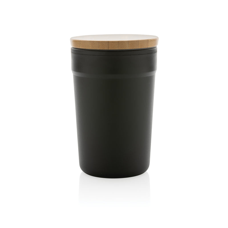 Load image into Gallery viewer, Reusable GRS certified recycled polypropylene mug with bamboo lid from XD Collection for eco-friendly drinking.