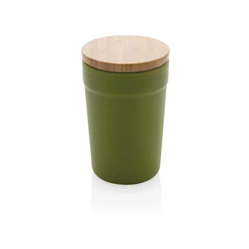 Load image into Gallery viewer, Reusable GRS certified recycled polypropylene mug with bamboo lid from XD Collection, eco-friendly drinkware with a natural bamboo top.