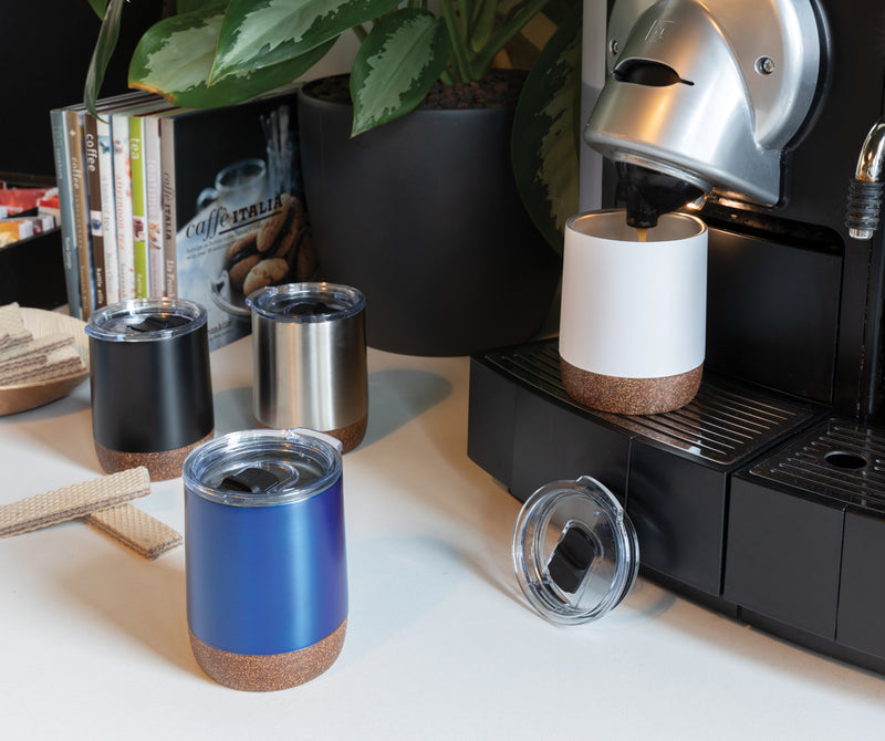 Load image into Gallery viewer, Small vacuum coffee mug from XD Collection RCS Re-steel cork drinkware, featuring a sleek stainless steel design with cork accents.